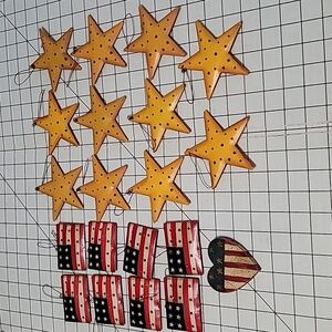 Americana Ornaments, 1 Wooden Heart, 8 Metal Flags & 11 Metal‎ Stars, Preloved
